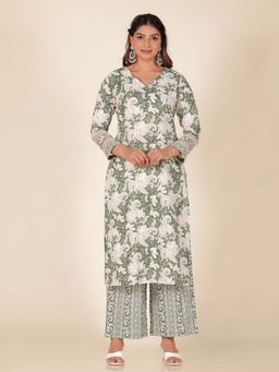 ARAMYA - Women Green Printed Kurta with Palazzo (Set of 2)