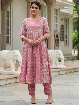 ARAMYA - Women Pink Printed Kurta with Pant (Set of 2)