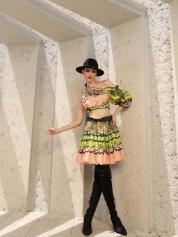 Bhanuni by Jyoti - Salmon Pink and Lime Green Mini Skirt