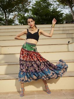 Bhanuni by Jyoti - Candy Red, Shamrock Green and Amethyst Purple Midi Skirt
