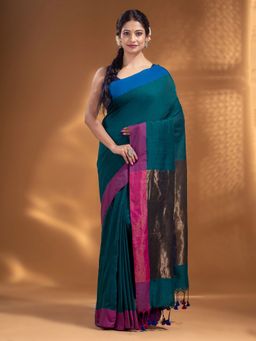 Arhi - Teal Pure Cotton Woven Design Soft Saree with Zari Pallu