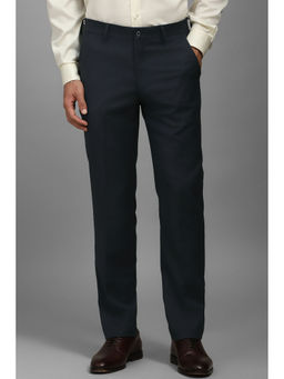 Louis Philippe - Men Navy Blue Slim Fit Textured Flat Front Formal Trousers