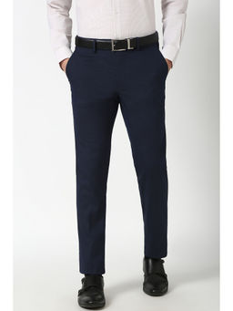 Peter England - Men Navy Blue Check Slim Fit Trousers
