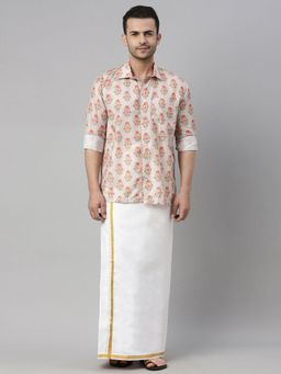Vastramay - Mens Beige & White Muslin Blend Shirt with Mundu (Set of 2)