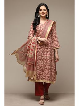 Biba - Red Cotton Unstitched Suit (Set of 3)
