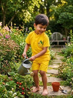 CHUCKLES AND CUDDLES - Boys Yellow Hand Embroidery Collar Neck Cotton Co Ord Set