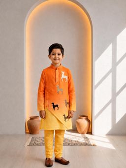CHUCKLES AND CUDDLES - Boys Orange Embellished Sequined Silk Kurta and Churidar