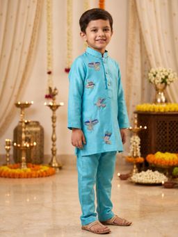 CHUCKLES AND CUDDLES - Boys Blue Embroidered Silk Kurta and Pyjama