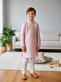 CHUCKLES AND CUDDLES - Boys Lavender Lace Work Silk Kurta and Churidar