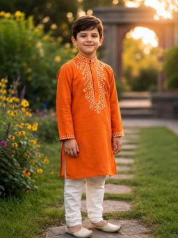 CHUCKLES AND CUDDLES - Boys Orange Embroidered Silk Kurta and Churidar