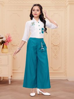 Mini Stitch - Rayon Woven Coconut Embriodery Palazzo Pant And Top-Teal
