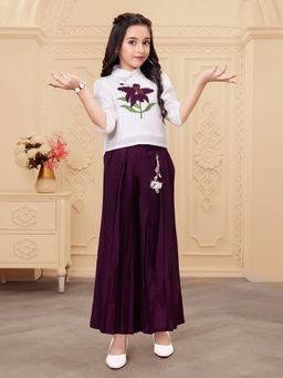 Mini Stitch - Rayon Woven Floral Applique Palazzo Pant And Top- Wine