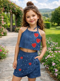 CHUCKLES AND CUDDLES - Girls Blue Denim Printed Co-Ord Set
