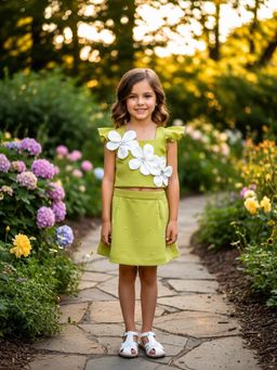 CHUCKLES AND CUDDLES - Girls Green Cotton Floral Applique Top and Skirt