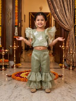 CHUCKLES AND CUDDLES - Girls Green Embroidered Round Neck Organza Top and Sharara
