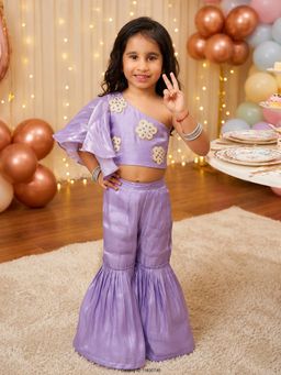 CHUCKLES AND CUDDLES - Girls Lavender Hand Embroidery One Shoulder Top and Sharara