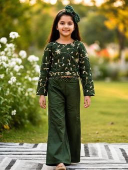 CHUCKLES AND CUDDLES - Girls Floral Embroidered Crop Top And Palazzo