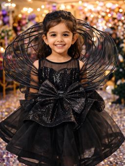 CHUCKLES AND CUDDLES - Girls Black Embellished Sequined Round Neck Knee Length Dresses