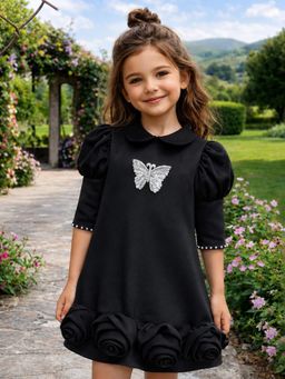 CHUCKLES AND CUDDLES - Girls Black Butterfly Applique Dress