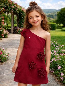 CHUCKLES AND CUDDLES - Girls Maroon One Shoulder With 3D Rose Applique Dress