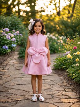 CHUCKLES AND CUDDLES - Girls Solid Pink With Front Bow Detail Dress