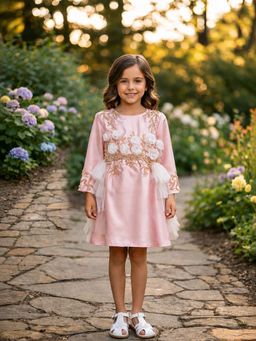 CHUCKLES AND CUDDLES - Girls Pink Satin With 3D Floral Applique Dress