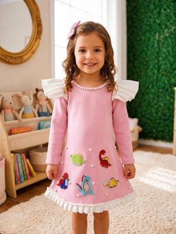 CHUCKLES AND CUDDLES - Girls Pink Hand Embroidery Scuba Dress