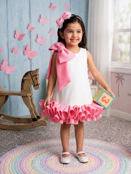 CHUCKLES AND CUDDLES - Girls White Plain Round Neck Scuba Dress