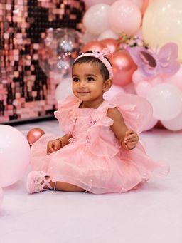 CHUCKLES AND CUDDLES - Girls Pink Embroidered Round Neck Dress