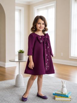 CHUCKLES AND CUDDLES - Girls Purple With Big Front Bow Detail Dress