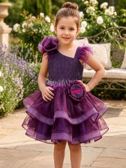 CHUCKLES AND CUDDLES - Girls Purple Embroidery Asymmetrical Silk Knee Length Dresses