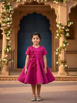CHUCKLES AND CUDDLES - Girls Magenta Flared With 3D Petal Detail Dress