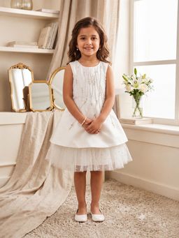 CHUCKLES AND CUDDLES - Girls White Embroidered Round Neck Satin Dress