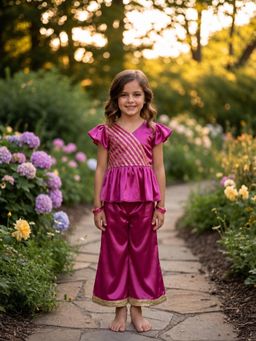 CHUCKLES AND CUDDLES - Girls Pink Lace Work Silk Crop Top and Palazzo