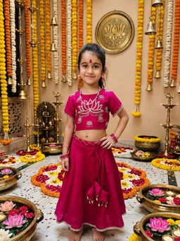 CHUCKLES AND CUDDLES - Girls Pink Embroidered Round Neck Blouse and Lehenga with Dupatta