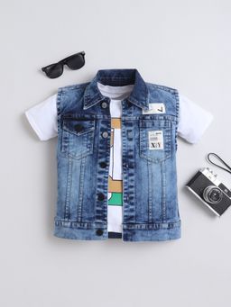 Mini Stitch - Cotton Woven Half Sleeves Solid Denim Jacket With T-shirt- Light blue