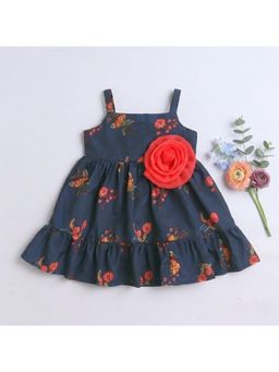 Many Frocks - Sleeveless Floral Print Rose Baby Dress-Blue