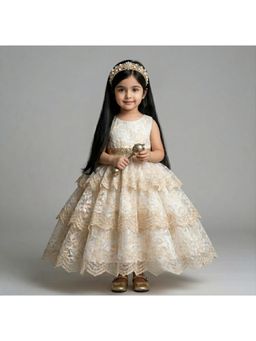 Many Frocks - Net Sleeveless Lace Layered Party Gown -Cream