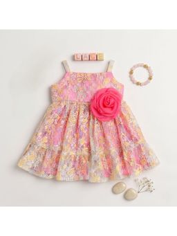 Many Frocks - Cotton Net Sleeveless Floral Print Rose Dress-Pink