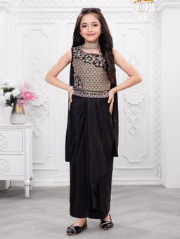 Mini Stitch - Georgette Floral Handwork Top With Drape Skirt and Dupatta- Black
