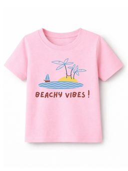 KAVEE - Unisex Biowashed Half Sleeves T-shirt With Beach Vibes Text Print - Pink