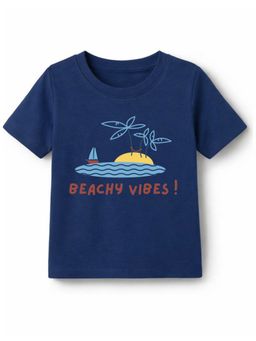 KAVEE - Unisex Biowashed Half Sleeves T-shirt With Beach Text Print - Navy Blue