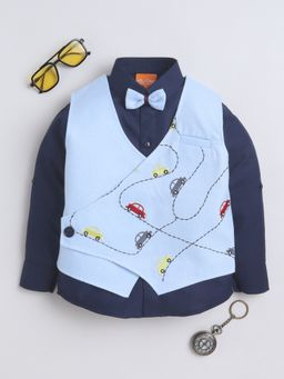 Mini Stitch - Car Embriodery Waistcoat and Shirt With Bow - Blue