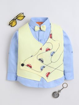 Mini Stitch - Car Embriodery Waistcoat and Shirt With Bow - Yellow