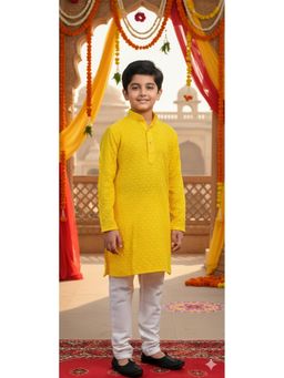 Aarika - Ethnic Wear Yellow Chicken Embroidery Cotton Kurta with Pyjama