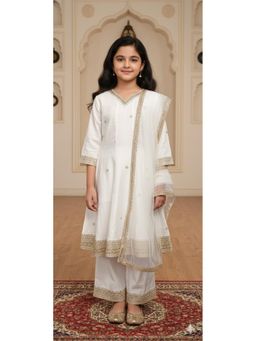 Aarika - Ethnic Wear Cream Thread Embroidery Silk Kurti with Palazzo and Dupatta