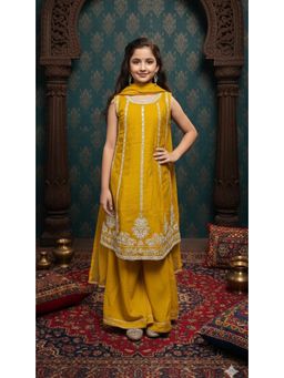 Aarika - Ethnic Wear Mustard Mirror Embroidery Silk Kurti with Palazzo and Dupatta