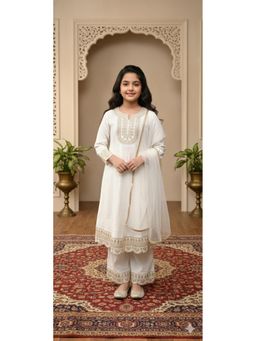 Aarika - Ethnic Wear Cream Embroidery Cotton Blend Kurti with Palazzo and Dupatta