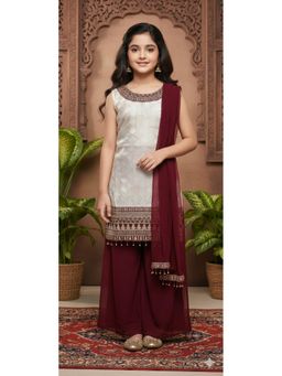 Aarika - Ethnic Wear Cream-Maroon Embroidery Silk Kurti with Palazzo and Dupatta