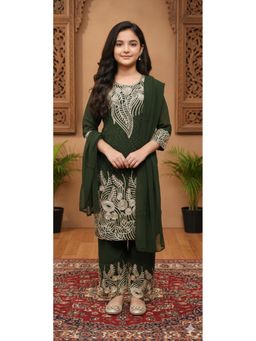 Aarika - Ethnic Wear Dark Green Embroidery Georgette Kurti Palazzo Dupatta Set